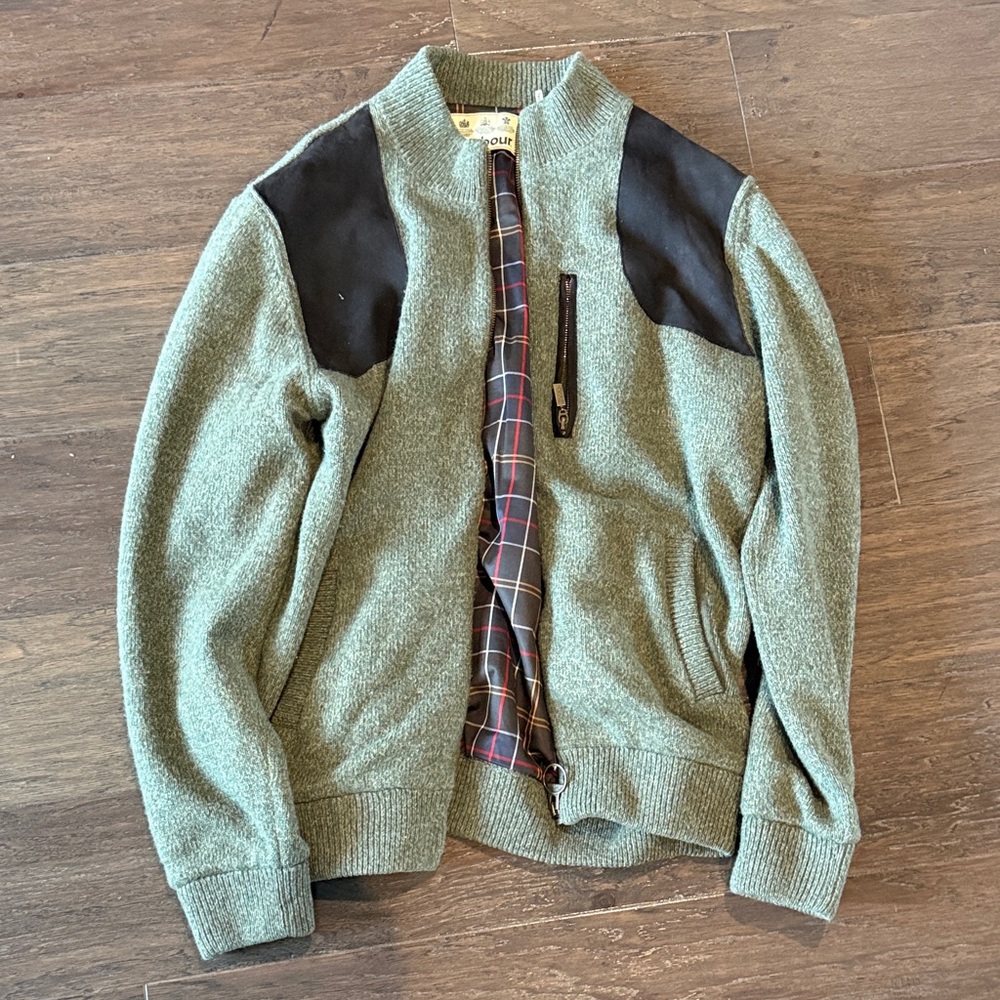 Green Wool Barbour Jacket with dark brown shoulder pads